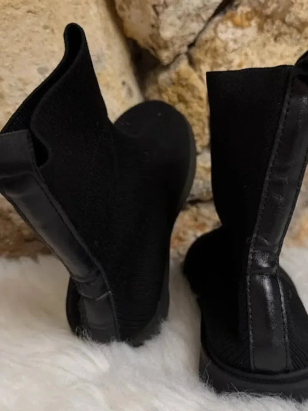 Black Knit Sock Boots Chunky Lug Sole Pull-On Ankle Boots Size 31
